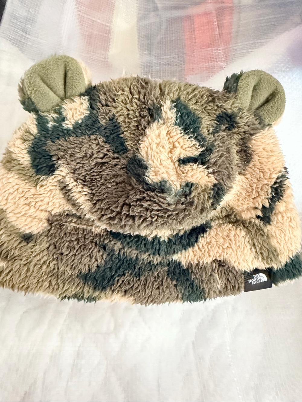 The North Face Kids Fuzzy Camouflage Bear Beanie - Olive Green & Tan • XS